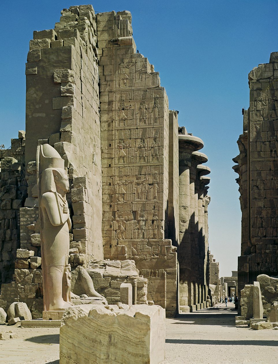 View of the Great Court, the entrance to the Hypostyle Hall and a statue of Ramesses II in the Temple of Amun by New Kingdom Egyptian