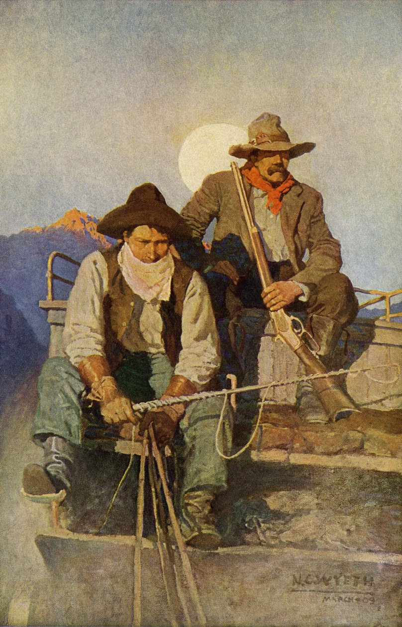 Diligence Driver and Guard with an Army Crossing the Western Regions. Reproduction of a Painting by N.C. Wyeth. by Newell Convers Wyeth
