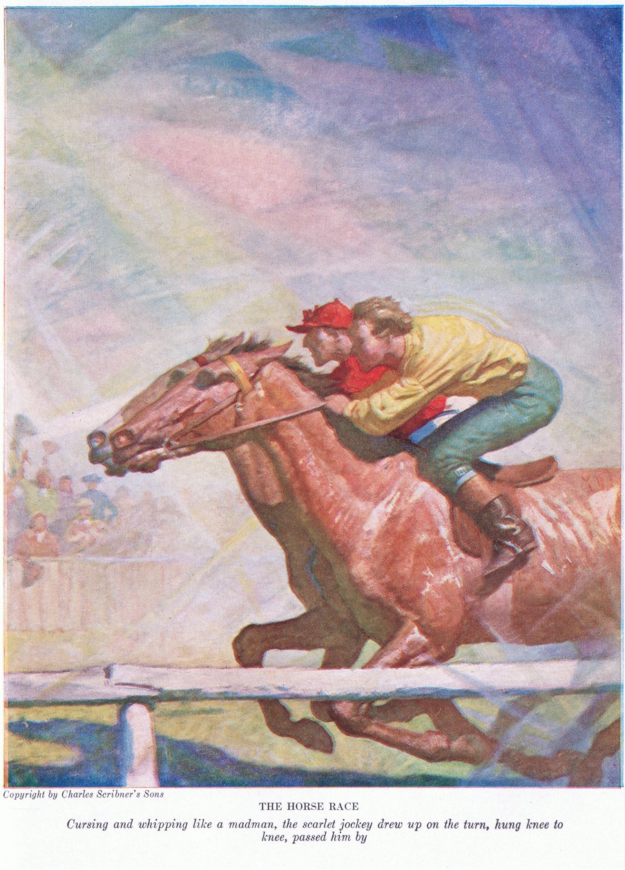 The Horse race: Cursing and whipping like a madman, the scarlet jockey drew up on the turn, hung knee to knee, passed him by by Newell Convers Wyeth