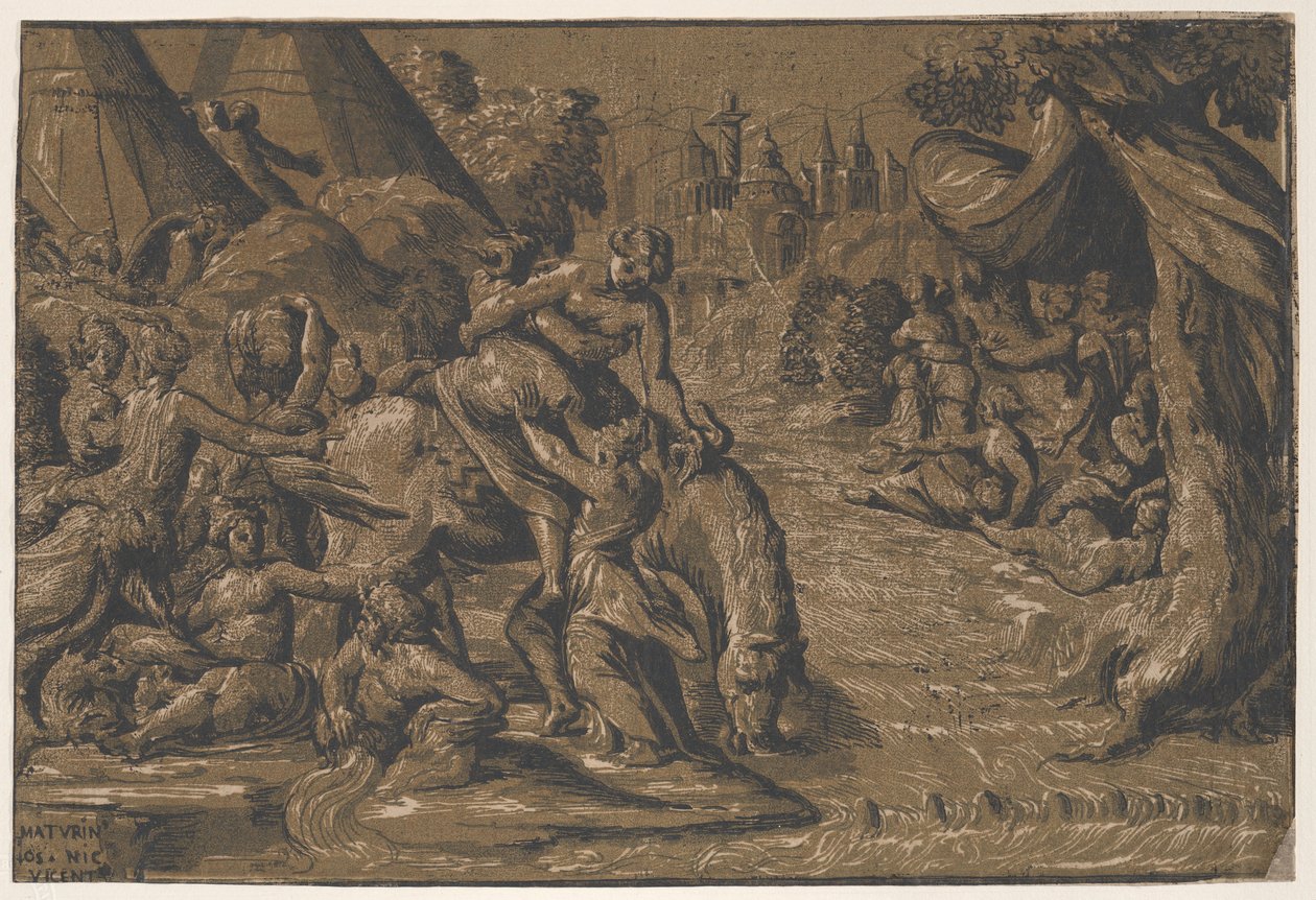 Cloelia the Roman hero in the centre being helped onto a horse, Rome in the background, 1540-50 by Niccolo Vicentino