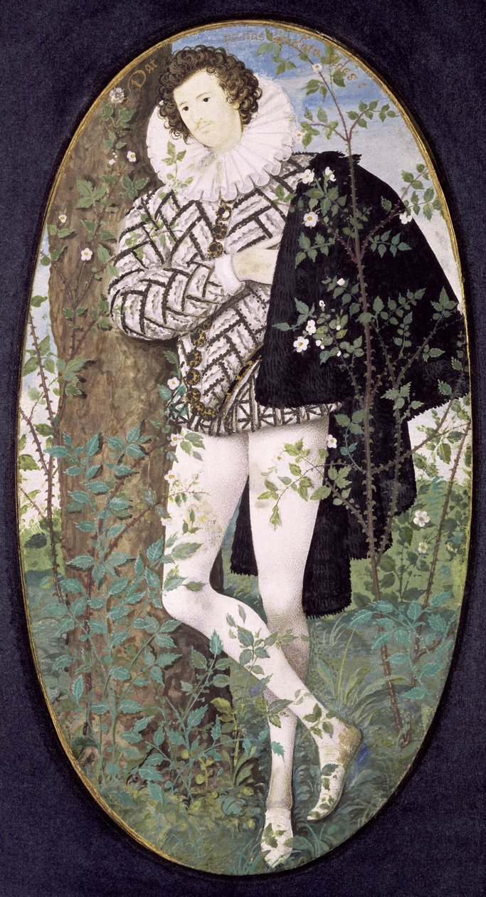 A Young Man Leaning Against a Tree Among Roses by Nicholas Hilliard