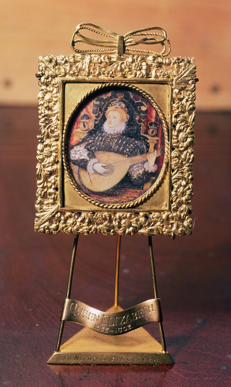 Queen Elizabeth I playing the lute (miniature including brass stand) by Nicholas Hilliard