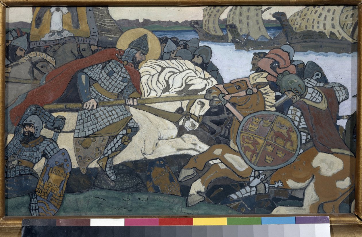 Alexander Nevsky (1220-1263) striking Birger Jarl (1210-1266). Episode of the Battle of the Neva (1240) by Nicholas Roerich