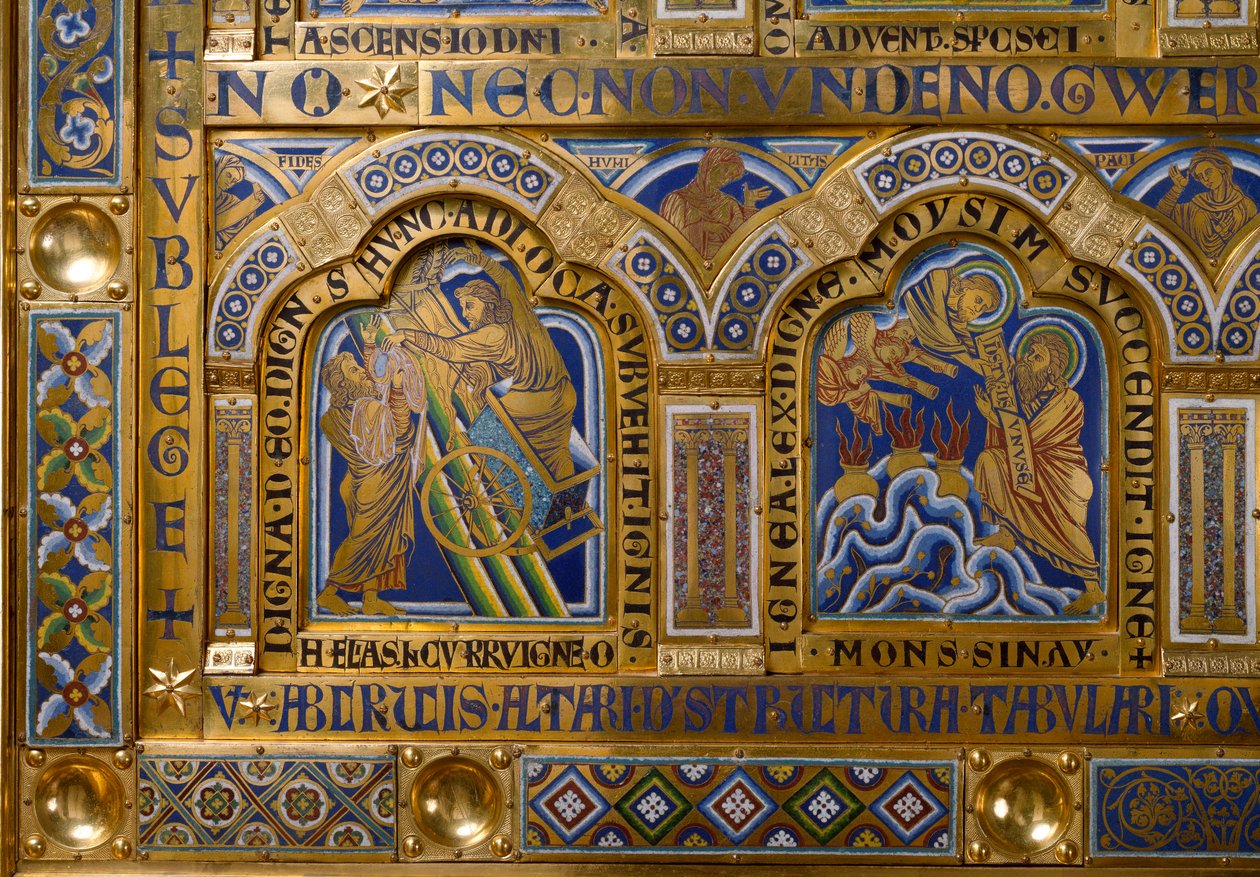 Verdun Altar made in gold and enamel by Nicolas de Verdun (ca.1130/50-1205): scenes from the Old and New Testament: (detail) depicting the Ascension of Elijah and Moses receiving the Tables of the Law. 12th century Klosterneuburg Vienna, Austria by Nicholas of Verdun
