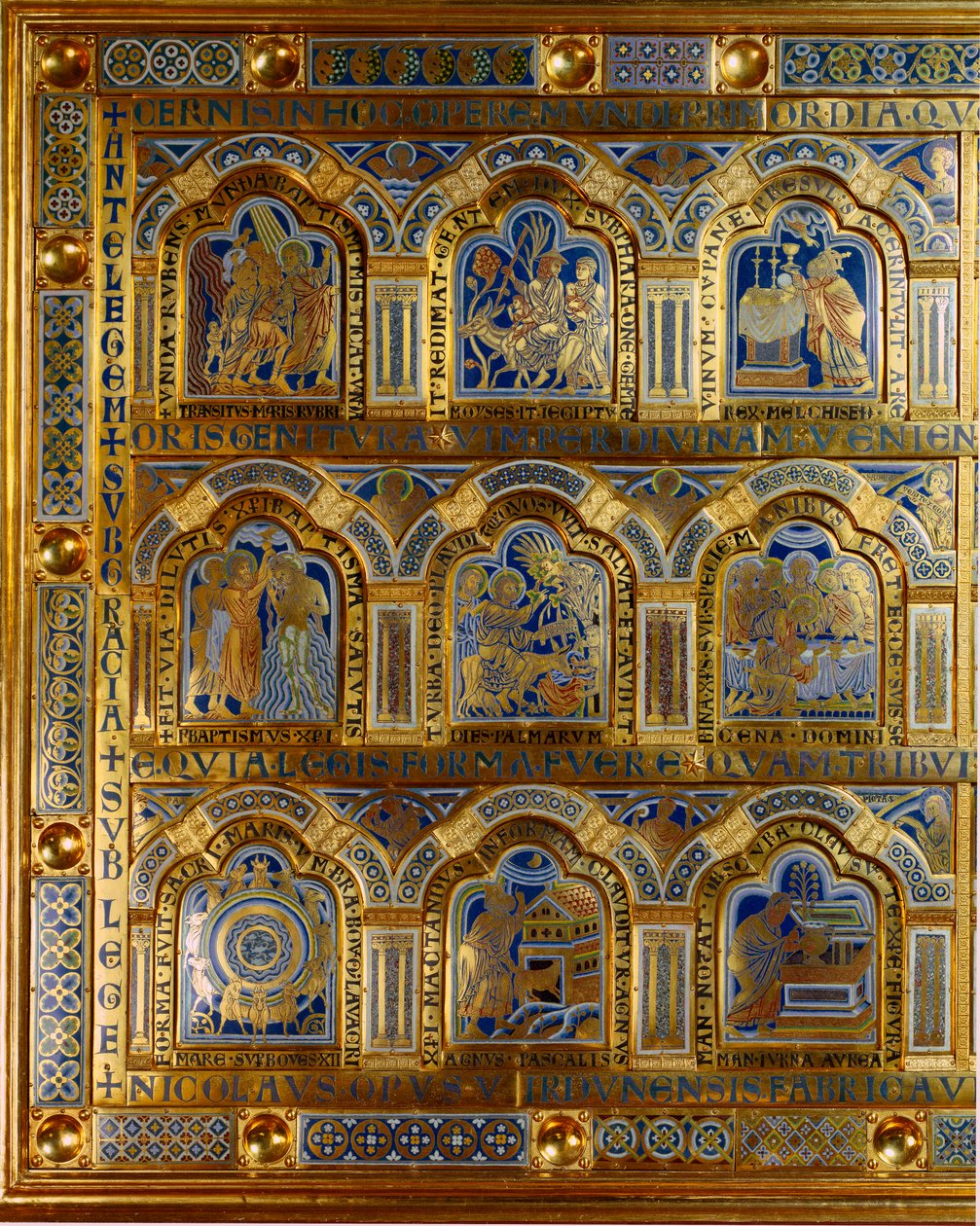 Verdun Altar Made in Gold and Enamel by Nicolas de Verdun (ca.1130/50-1205): Scenes from the Old and New Testament (Crossing the Red Sea, King Melchisedech, the Baptism of Christ) by Nicholas of Verdun