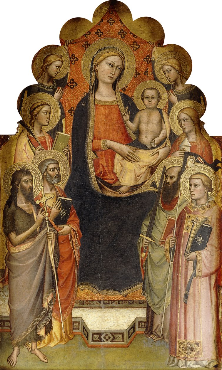 The Madonna and Child enthroned with Saints John the Baptist, Peter, Mary Magdalen, Paul and Stephen, a Female Martyr Saint and Angels by Nicolò di Pietro