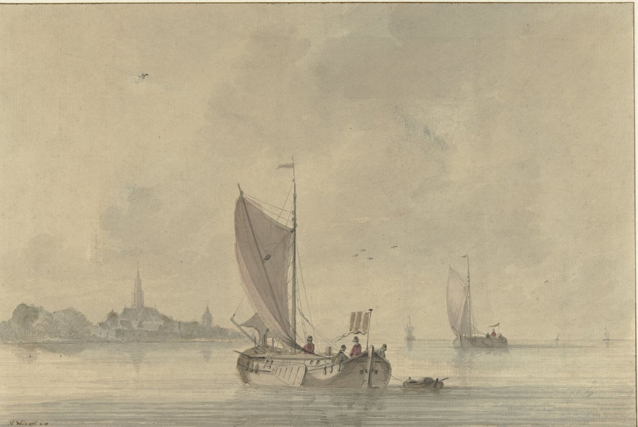 Sailing Boats on the Water in Front of a Dutch Town by Nicolaas Wicart