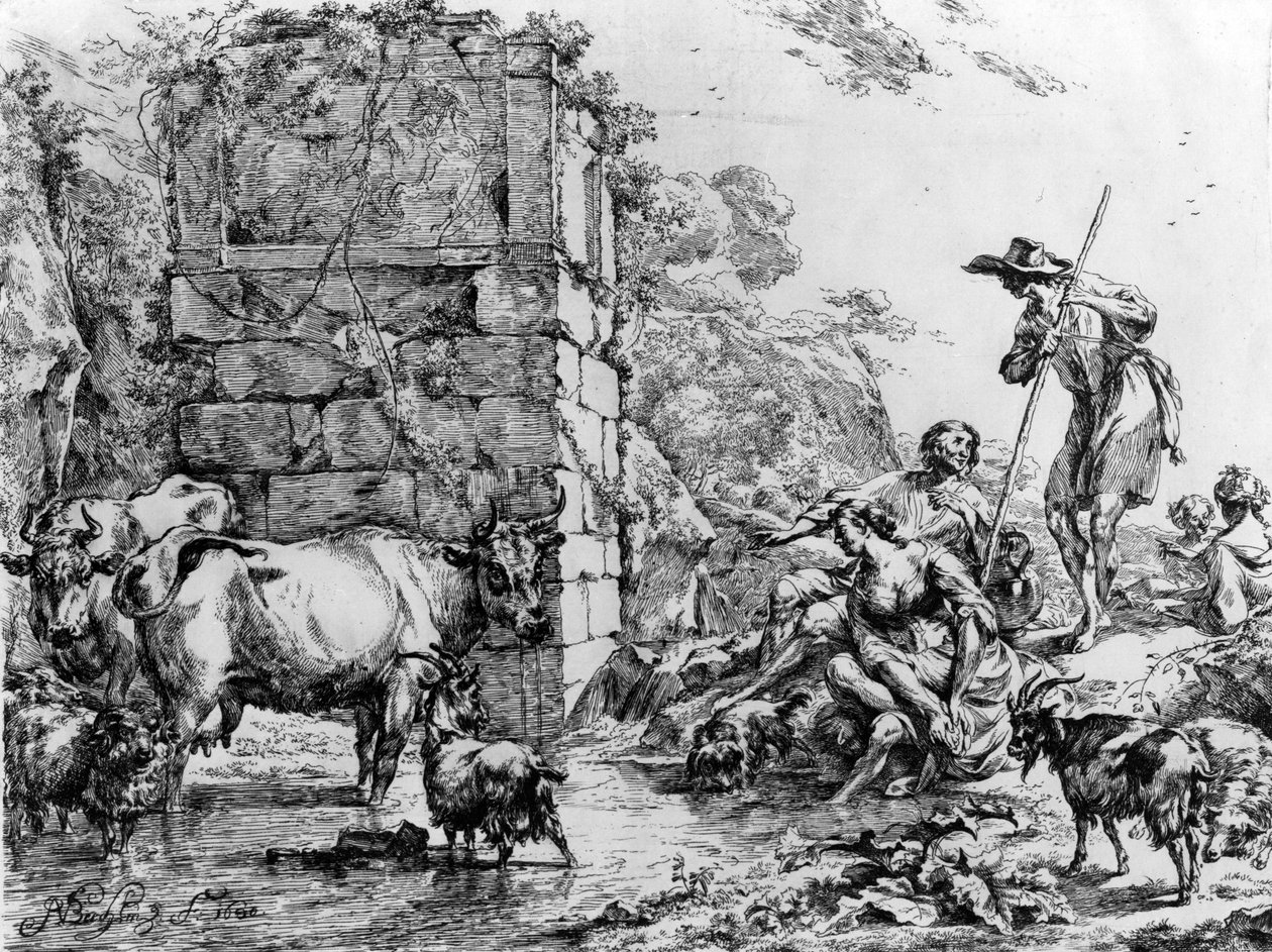 Cows and goats drinking at a pond by Nicolaes Pietersz. Berchem