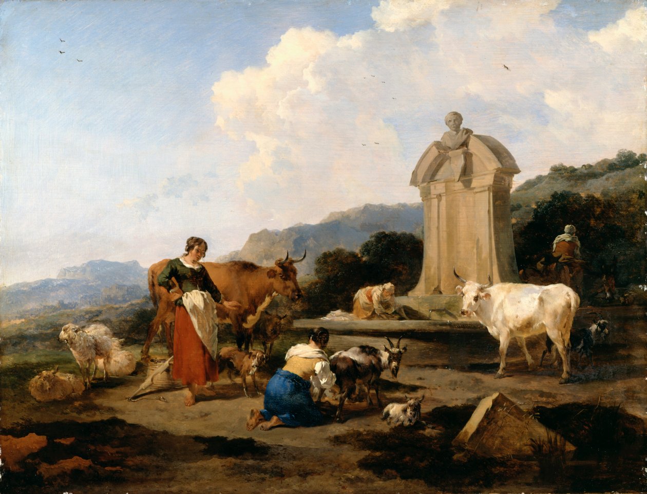 Roman Fountain with Cattle and Figures (Le Midi) by Nicolaes Pietersz. Berchem
