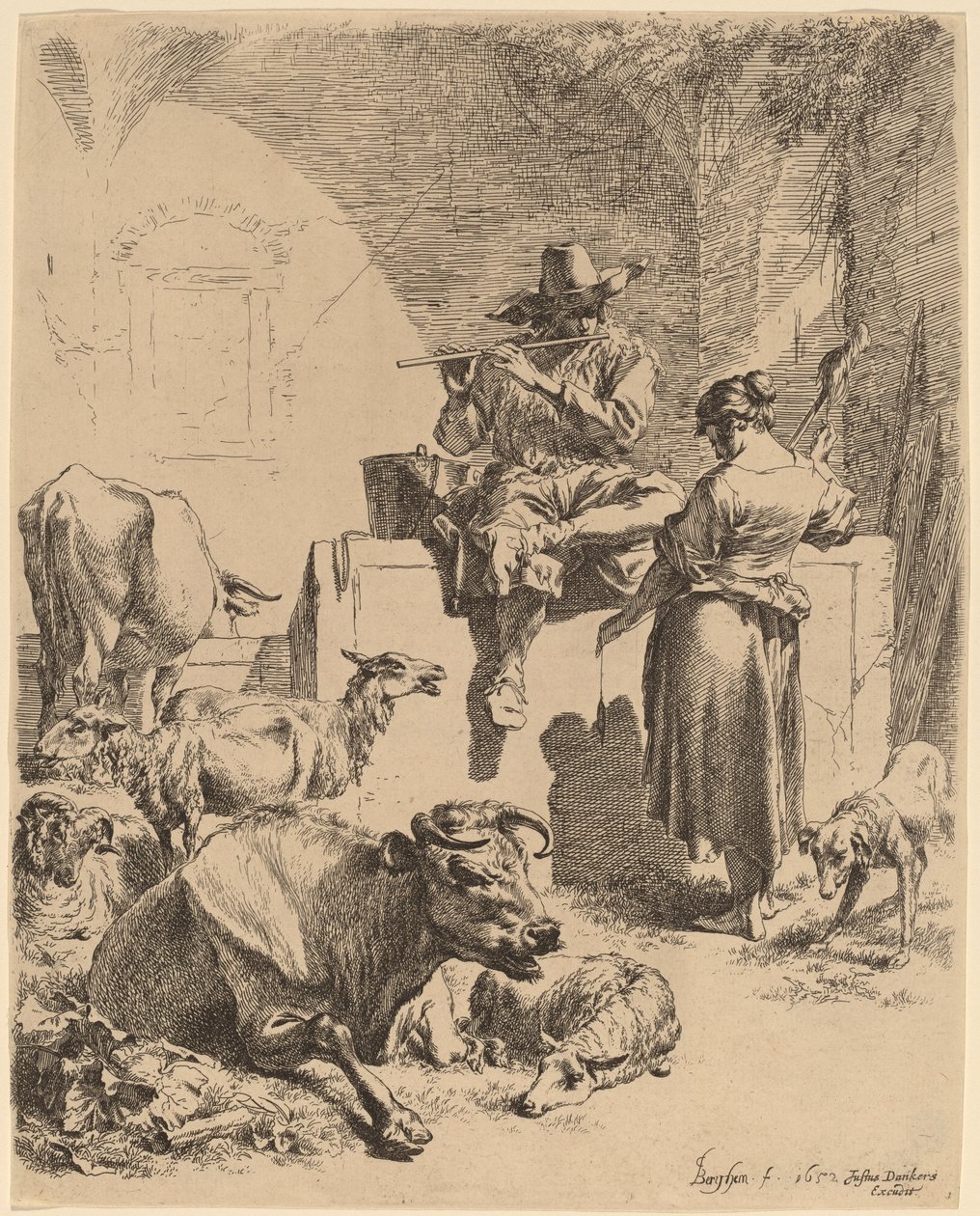 The Shepherd Seated on a Fountain and the Spinner, 1652 by Nicolaes Berchem