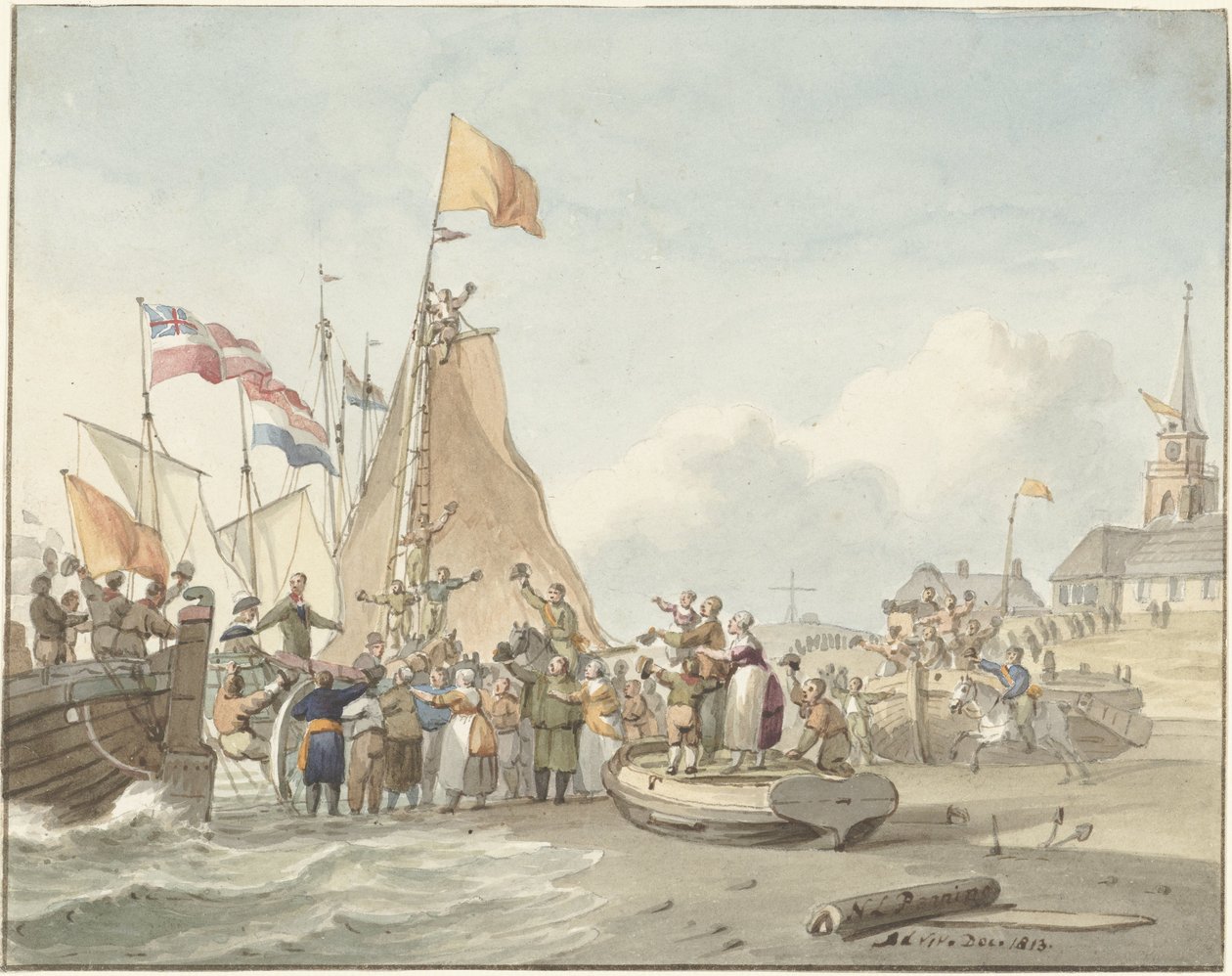 Arrival of Prince Willem Frederik at Scheveningen, November 30, 1813 by Nicolaes Lodewick Penning (signed by artist)