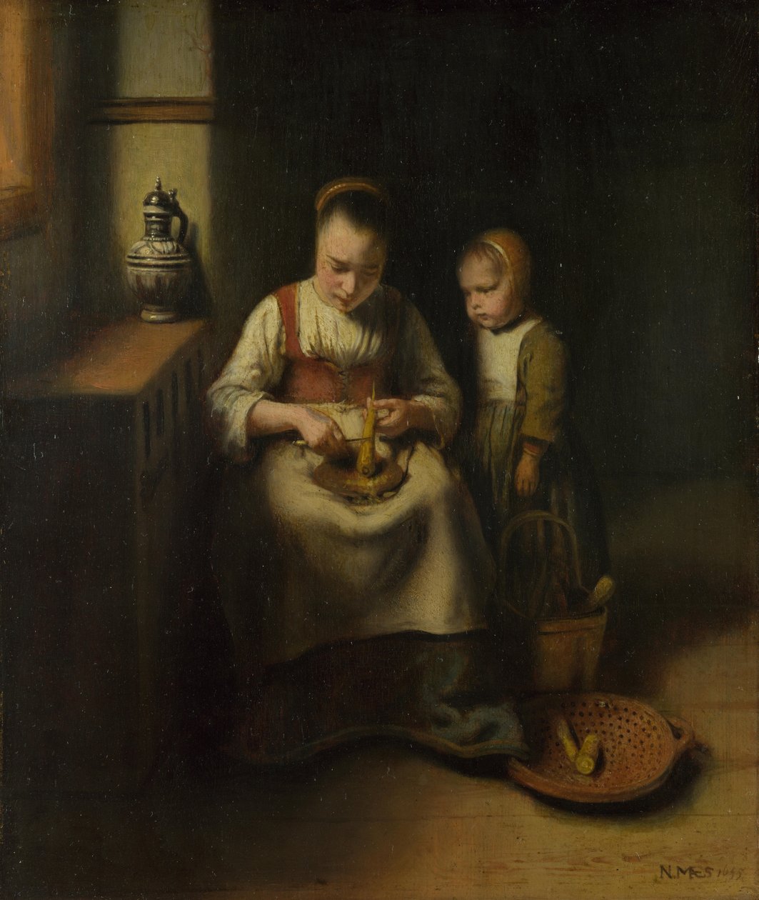 A Woman scraping Parsnips, with a Child standing by her, 1655 by Nicolaes Maes