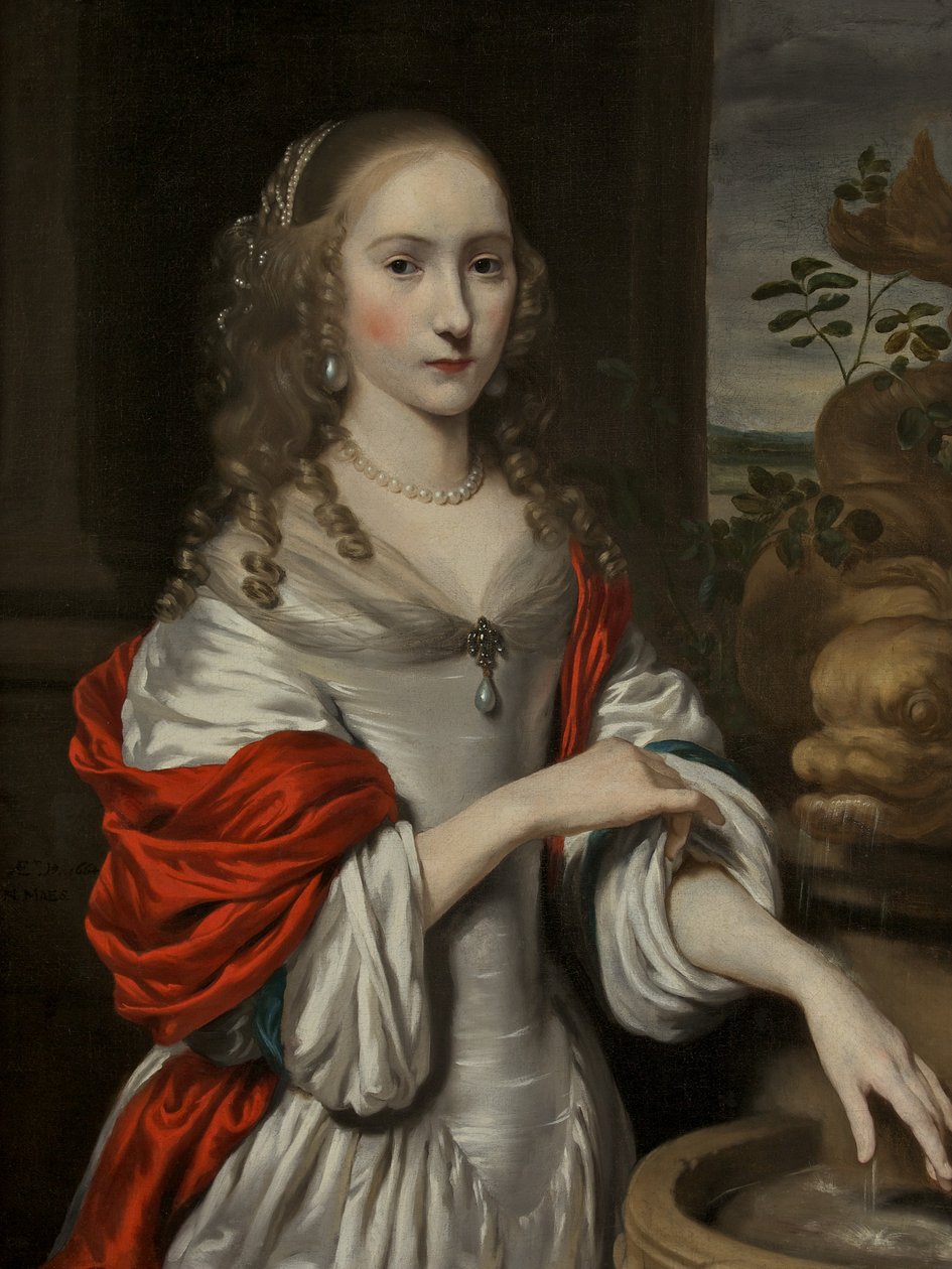 Portrait of a Young Girl, standing near a Fountain by Nicolaes Maes