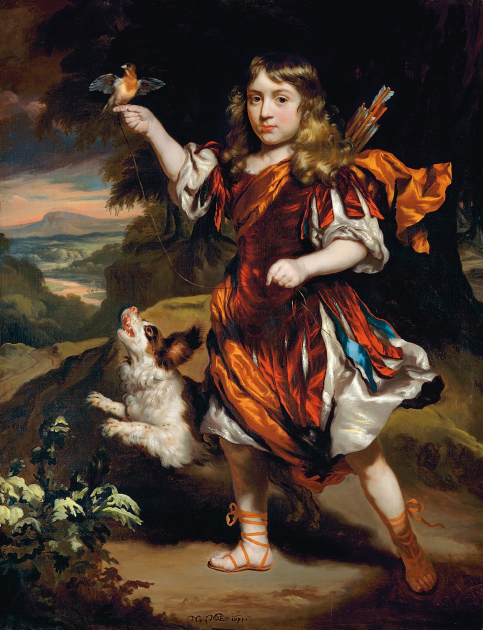Portrait of a boy, as Daifilo, in a red surcoat over a silver robe, with an orange cloak, a bird resting on his right hand, his dog beside him, in a landscape by Nicolaes Maes