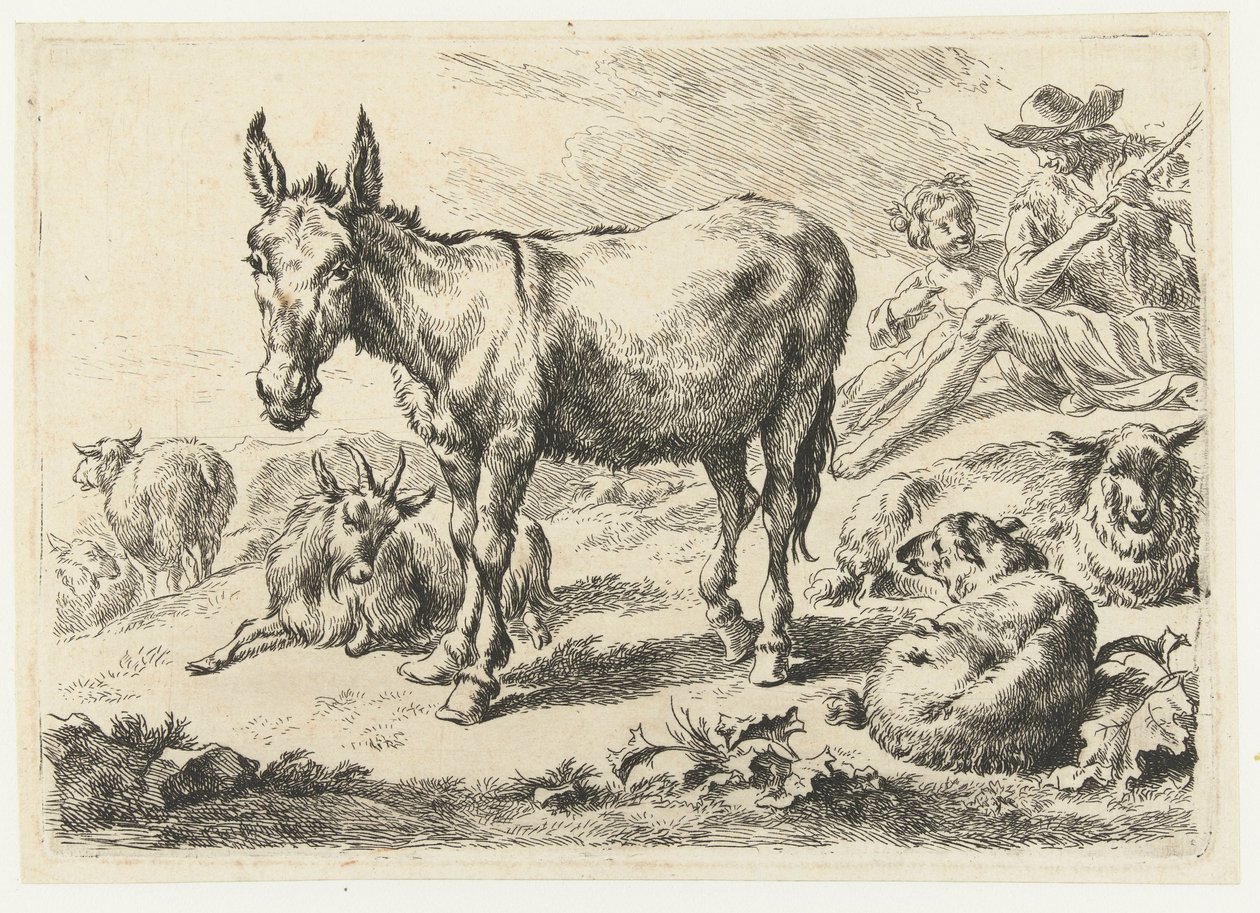 Landscape with Donkey, Sheep, Goat, and Shepherds (Animals) by Nicolaes Pietersz Berchem
