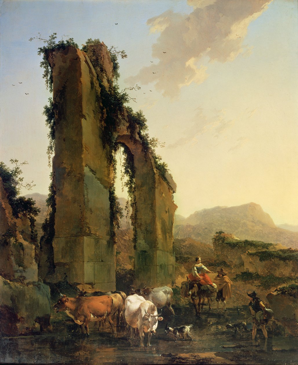 Peasants with Cattle by a Ruined Aqueduct by Nicolaes Pietersz. Berchem