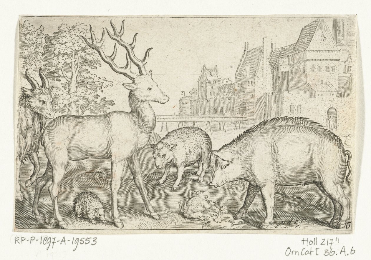 Deer, Hedgehog, Sheep, Frog, and Pig (Animals in Landscapes) by Nicolaes de Bruyn