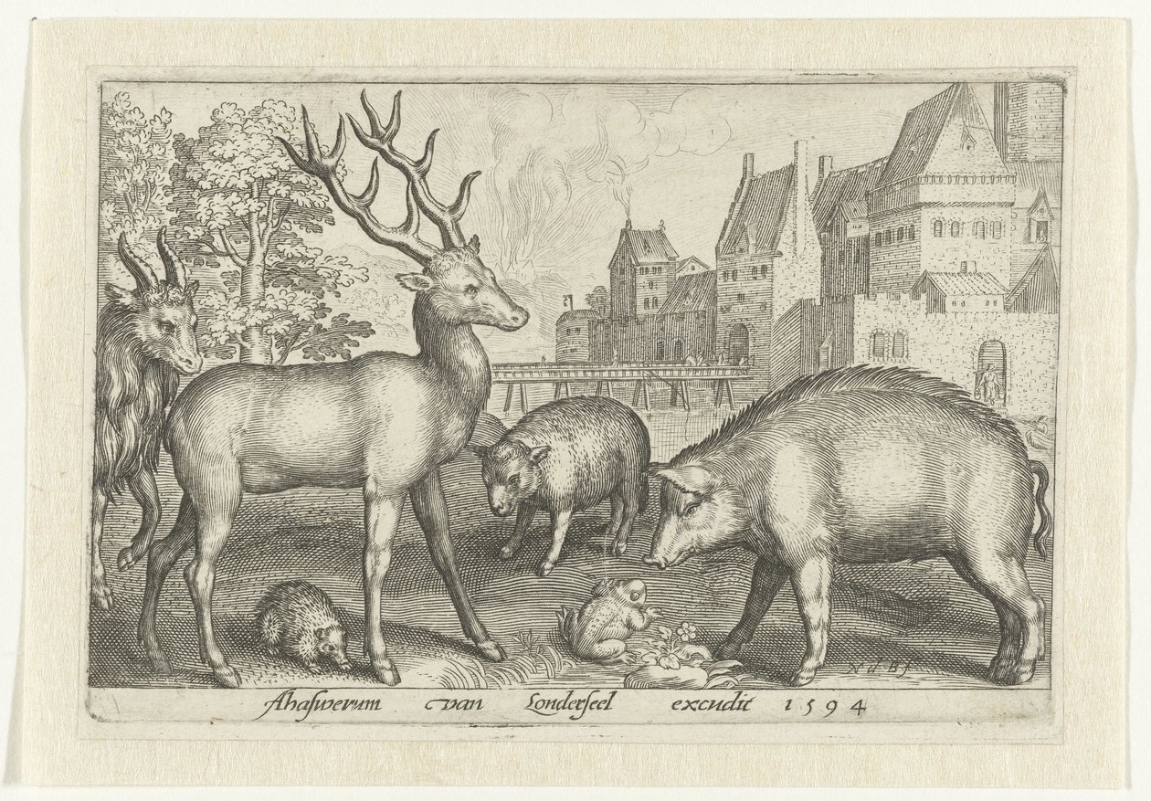 Hert, Egel, Schaap, Kikker en Varken (Animalivm Qvadrvpedvm, Dieren in Landschappen) by Nicolaes de Bruyn