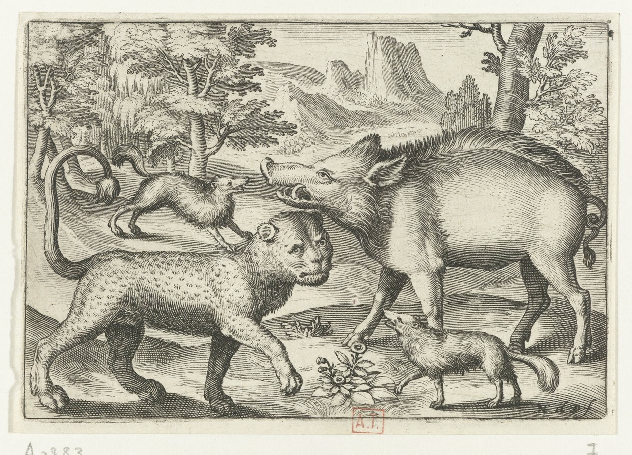 Leopard, Wild Boar and Two Dogs (series title) Animalivm qvadrvpedvm (series title) Animals in Landscapes by Nicolaes de Bruyn