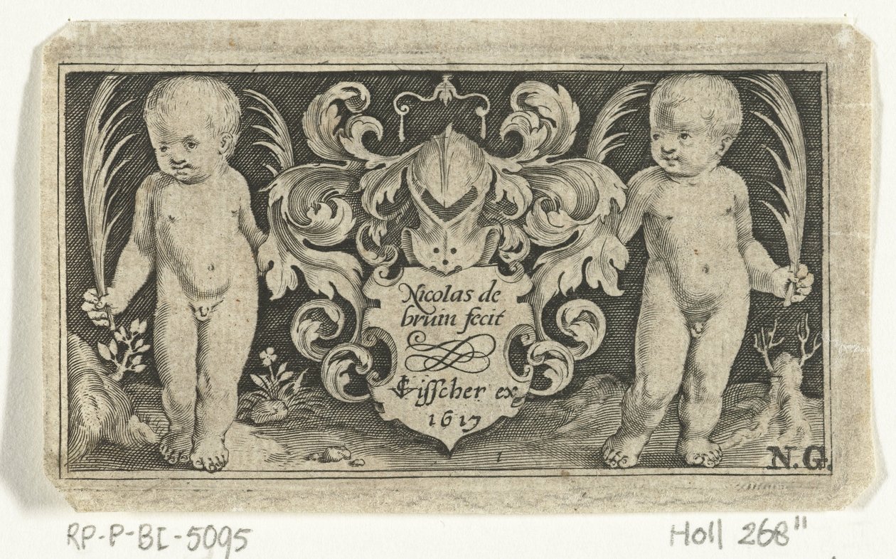 Title Page with Two Children with Palm Leaf Next to Coat of Arms by Nicolaes de Bruyn