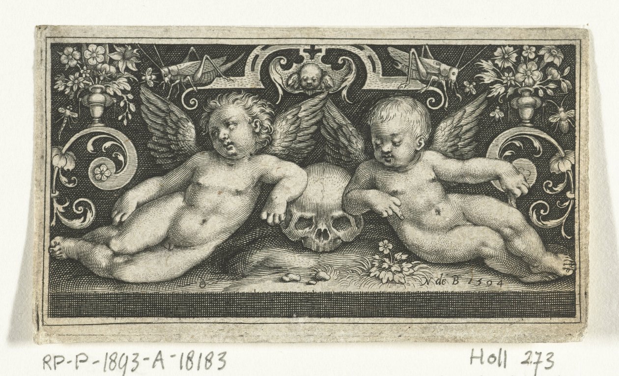 Two Fighting Children Riding Goats, Flanked by Children Blowing Trumpets by Nicolaes de Bruyn