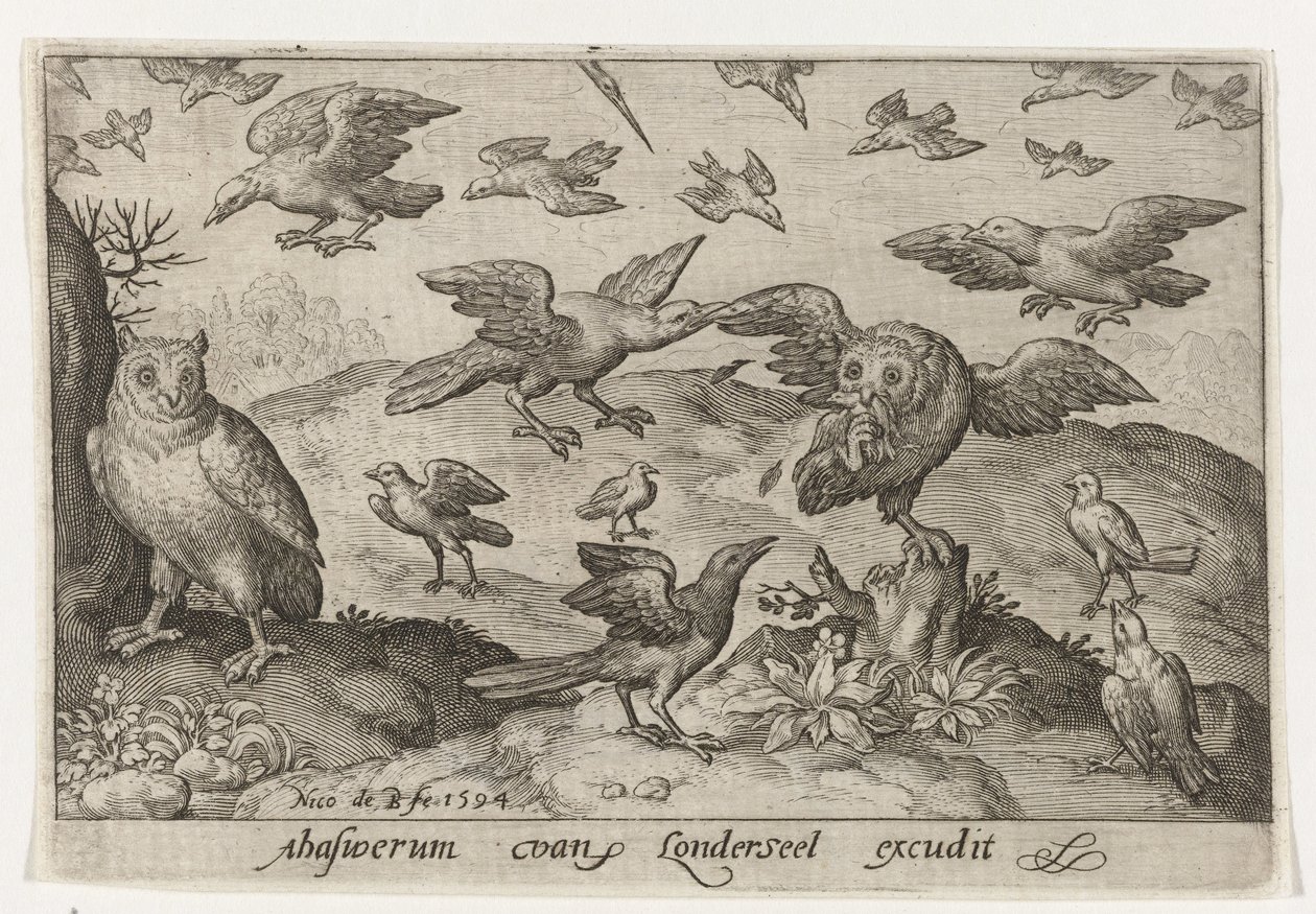 Owl with Prey Attacked by Other Birds (series: Birds and Insects) by Nicolaes de Bruyn