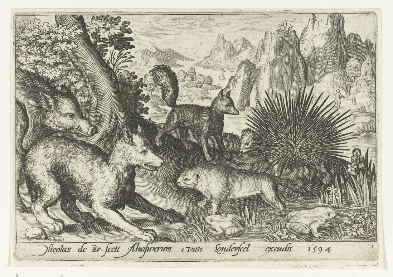 Wild Boar, Foxes, Beaver, Porcupine, and Frogs (Animalivm qvadrvpedvm series) (Animals in Landscapes series) by Nicolaes de Bruyn