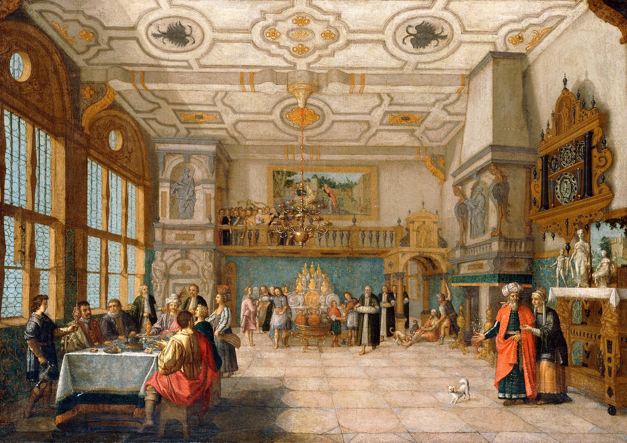 Lazarus at the Door of a Banqueting Hall with Elegant Figures Dining by Nicolaes de Gyselaer