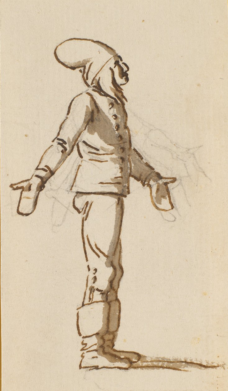 A Standing Boy with a Large Hat and Mittens on Outstretched Hands by Nicolai Abildgaard
