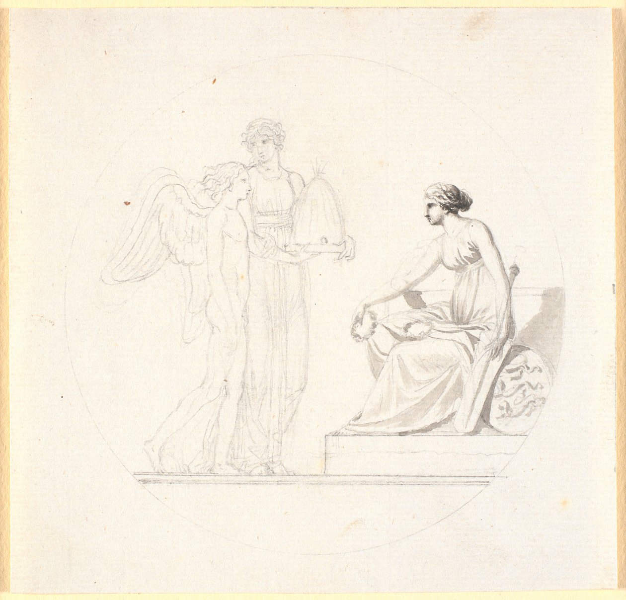 A young woman with a beehive leads a winged young man towards a seated female figure by Nicolai Abildgaard