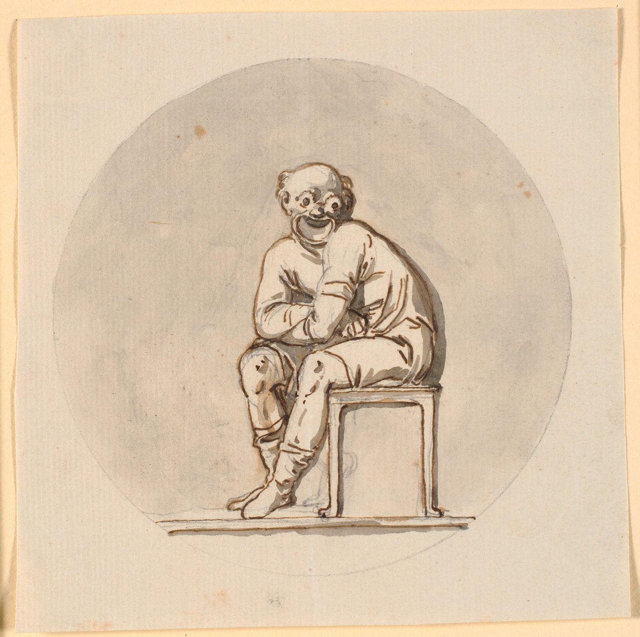 Seated mask figure, circular framed. Draft for decoration in the tea house in Sorgenfri park by Nicolai Abildgaard