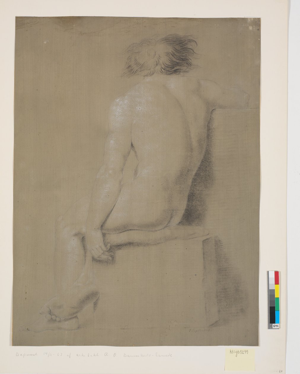 Seated Model on High Plinth with Cushion. Seen from Behind. Right Arm Cut Off. Left Arm Hanging Down. Legs Crossed by Nicolai Abildgaard
