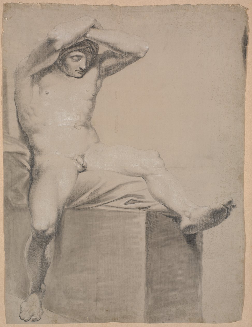 Seated Model on High Plinth with Cushion. Seen from the Front. Arms Raised and Crossed Over Head. Left Leg Extended and Slightly Bent by Nicolai Abildgaard
