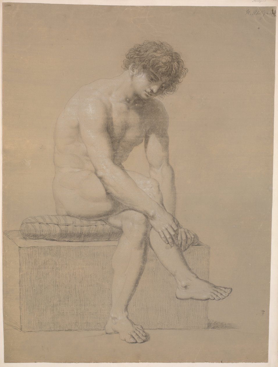 Seated Model on Low Plinth with Cushion. Turned to the Right. Hanging Arms. Crossed Legs by Nicolai Abildgaard