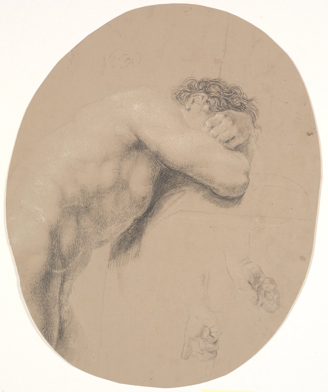 Standing Model, Leaning Against a High Plinth, with Folded Arms Partially Hiding the Head. Two Studies of a Hand by Nicolai Abildgaard