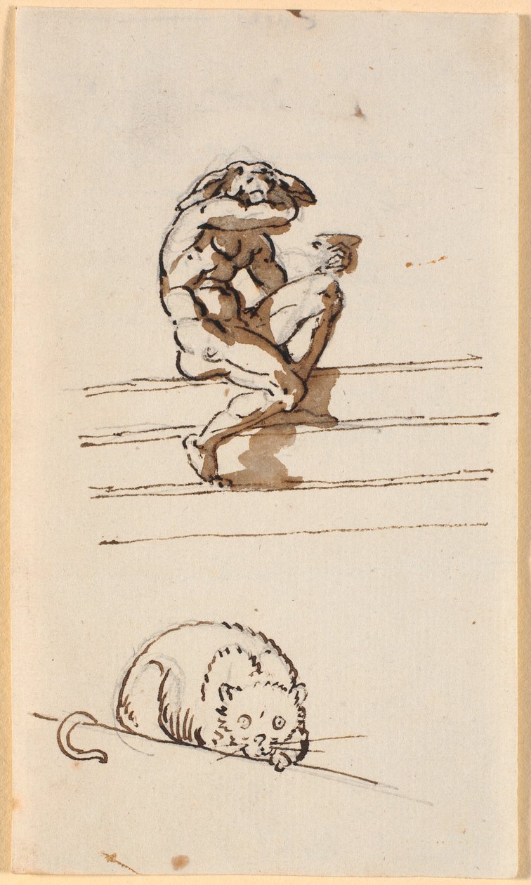 Study of Lucius with Donkey Head. Below, Study for the Cat in Simo Confides in Sosia by Nicolai Abildgaard