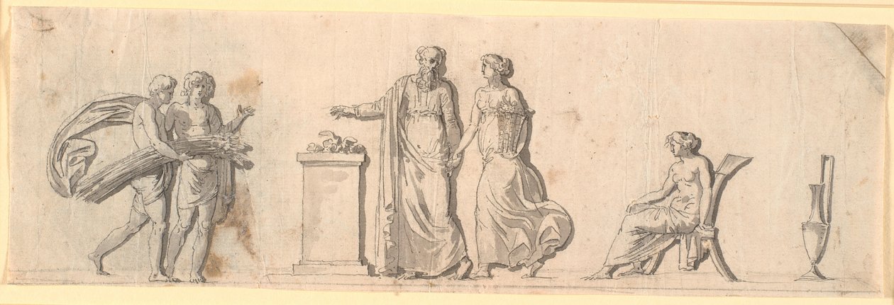 Draft for Decoration of a Field, Probably a Painted Wooden Panel on a Piece of Furniture. Antique Figures with Flower Baskets and Sheaves by an Altar by Nicolai Abildgaard