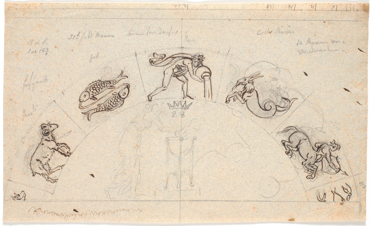 Draft for a relief of a semicircular field; in the middle a woman offering at a tripod, around are some zodiac signs by Nicolai Abildgaard