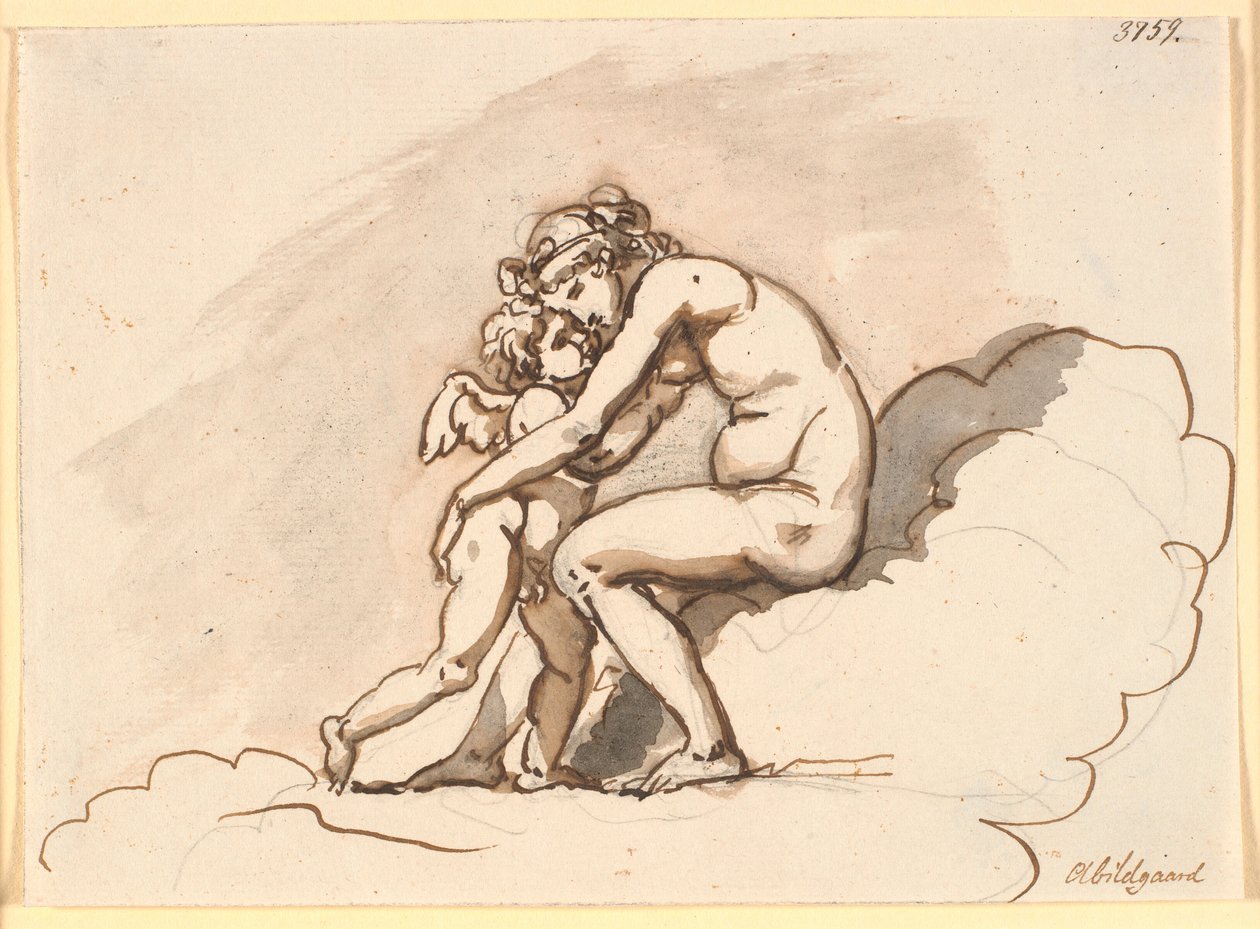 Venus, Sitting in the Clouds, Embraces Cupid by Nicolai Abildgaard