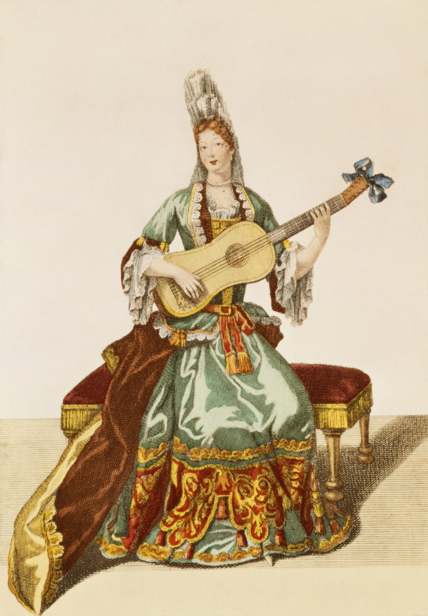 Lady of Quality Playing the Guitar, Fashion Plate, c.1695 by Nicolas Bonnart