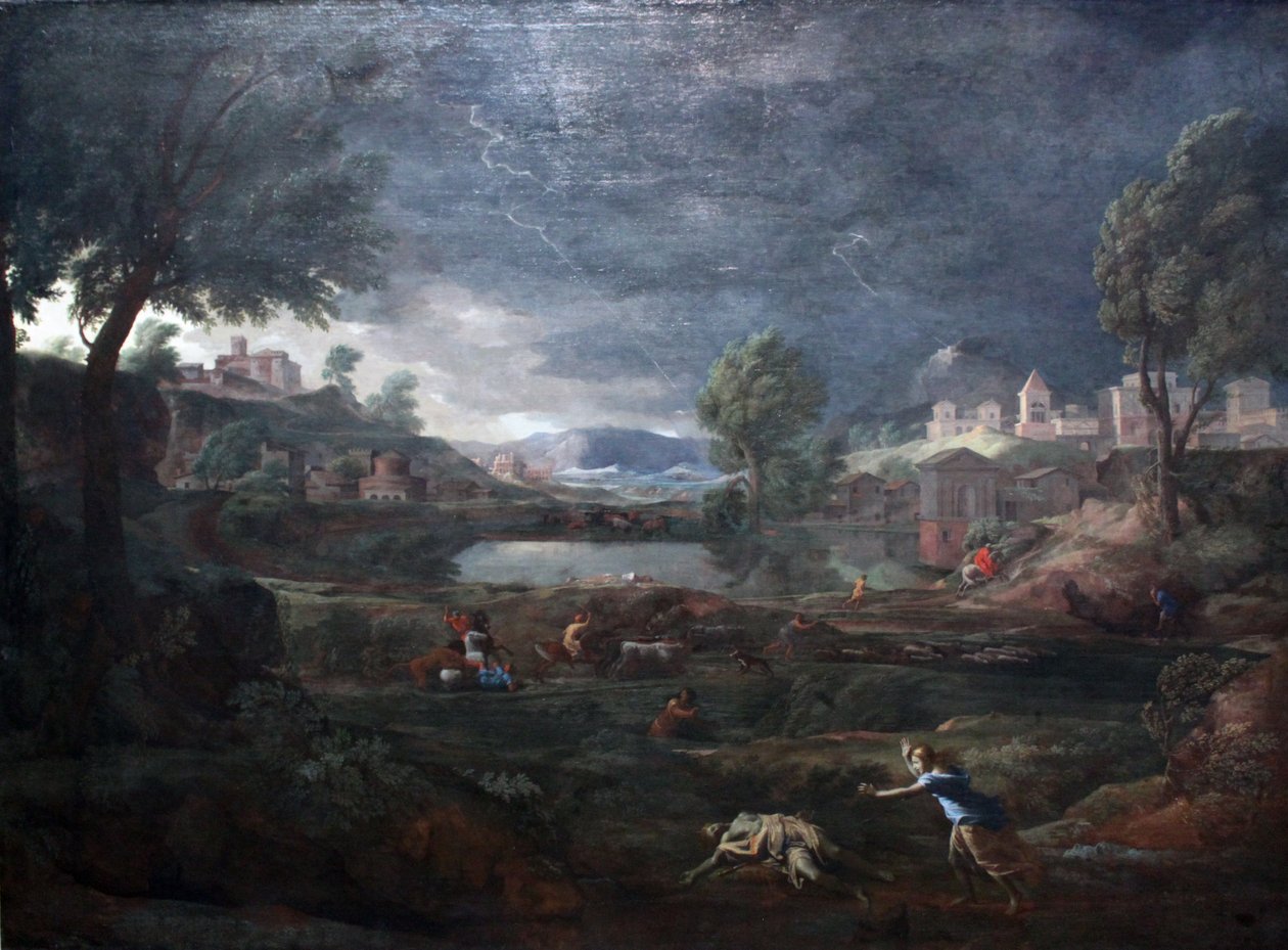 Landscape during a Thunderstorm with Pyramus and Thisbe by Nicolas Poussin