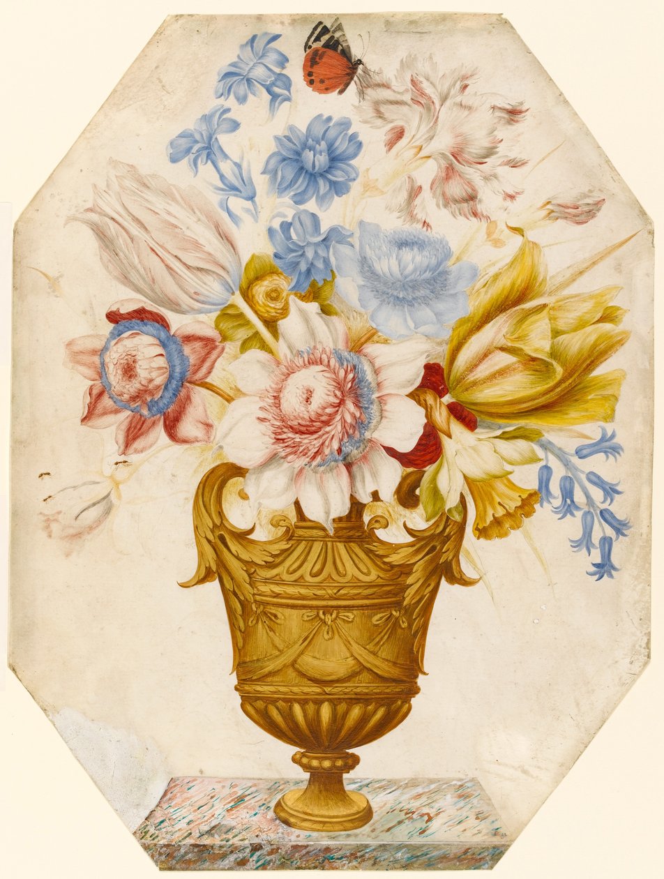 Flowers in a vase which stands on a marble ledge with a butterfly ...