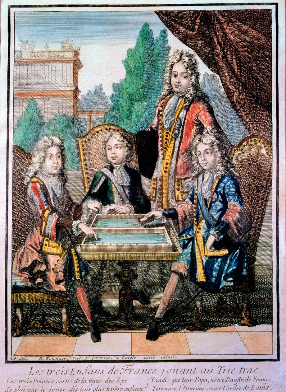 The grandchildren of Louis XIV, Louis Duke of Burgundy, Philippe, Duke of Anjou, and Charles, Duke of Berry with their father, Louis, dolphin of France, playing tric trac by Nicolas Bonnart