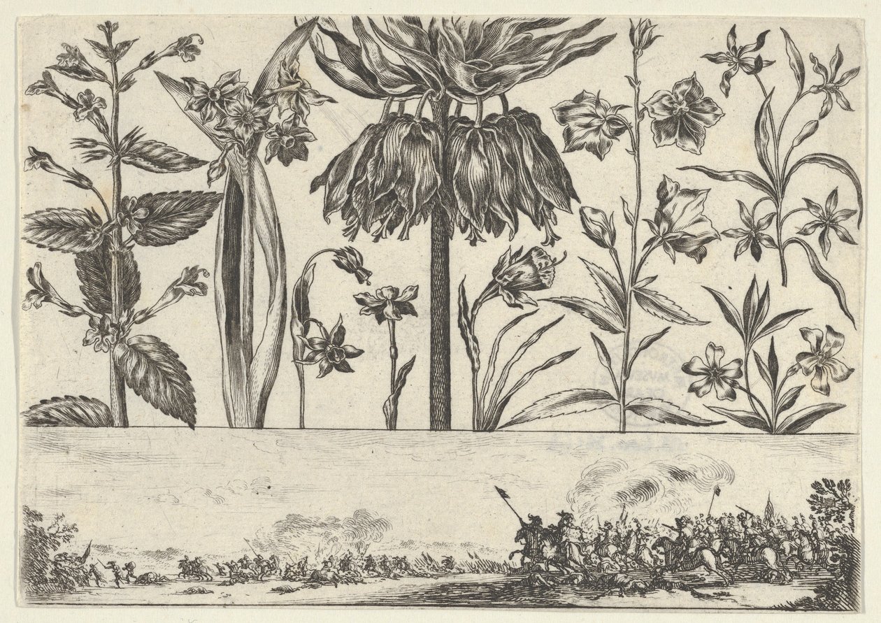 Horizontal Panel with a Row of Flowers Above a Frieze with a Battle Scene in a Landscape by Nicolas Cochin