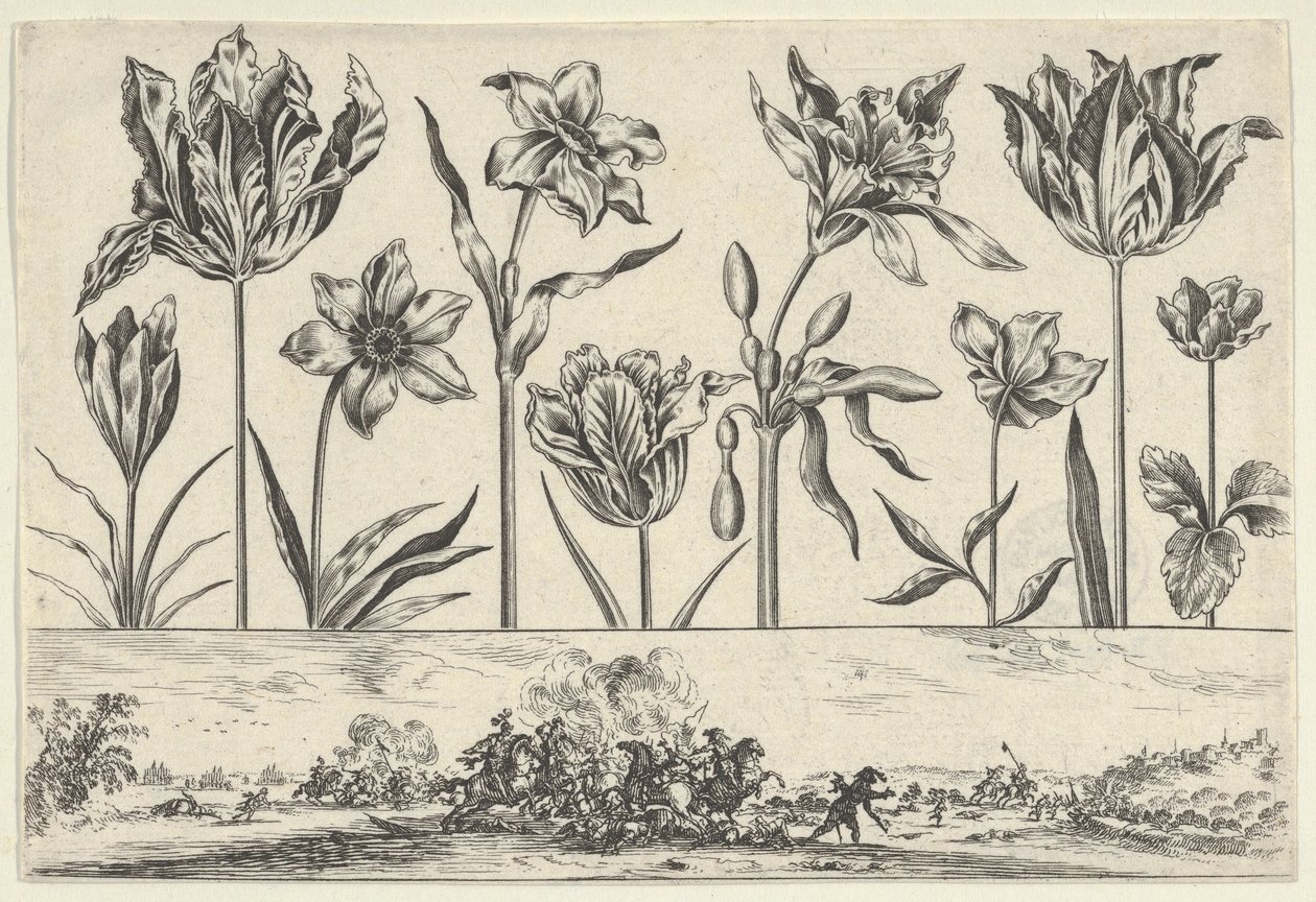 Horizontal Panel with a Row of Flowers Above a Frieze with a Battle Scene in a Landscape by Nicolas Cochin