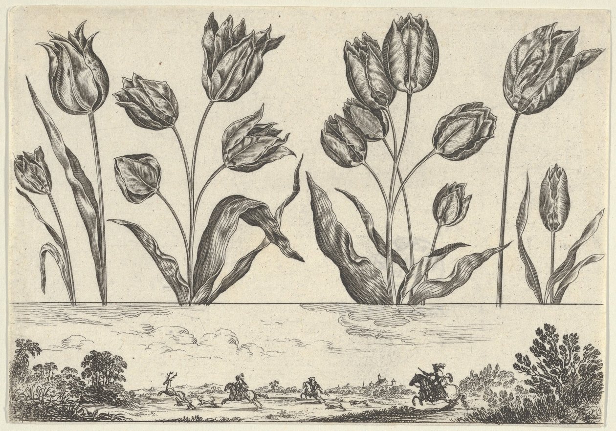 Horizontal Panel with a Row of Flowers Above a Frieze with a Hunting Scene in a Landscape by Nicolas Cochin