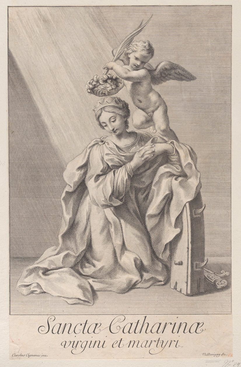 Saint Catherine of Alexandria, kneeling with her elbow resting on the ...