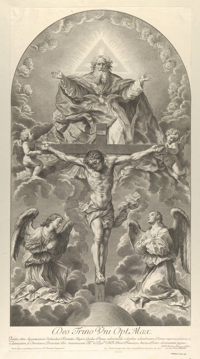 The Holy Trinity, Christ on the cross flanked by two angels, the Holy Spirit as a dove and... by Nicolas Dorigny