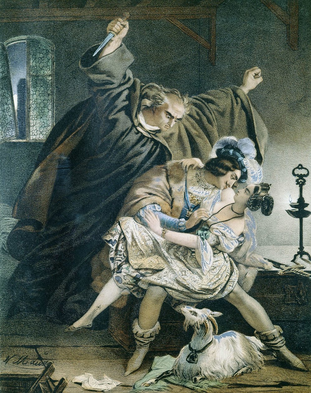 Esmeralda, Phoebus and Claude Frollo (Notre Dame de Paris) by Victor Hugo. Illustration by Nicolas Eustache Maurin (1799-1850) Private collection by Nicolas Eustache Maurin
