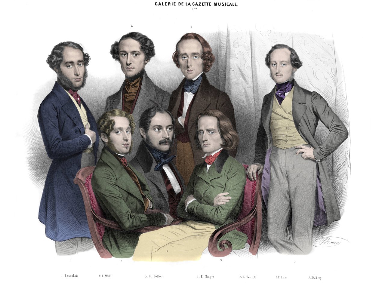 Galerie de la Gazette Musicale N. 2. Celebrities of 1842: Frederic Chopin, Franz Liszt, Jacob Rosenhain, Edouard Wolff, Sigismund Thalberg, Adolf von Henselt, Theodor Dohler. Engraving by Nicolas by Nicolas Eustache Maurin